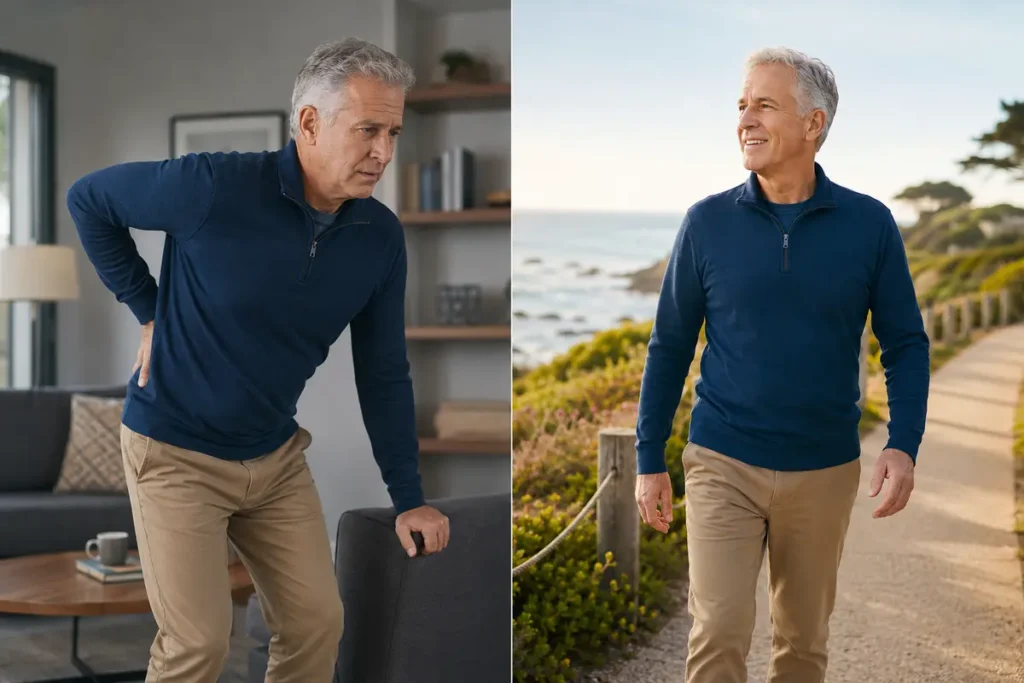 Older man contrasting back discomfort at home with confident walking outdoors