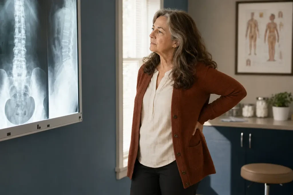 Woman in her 60s reviewing a lumbar X-ray after years of chronic back pain