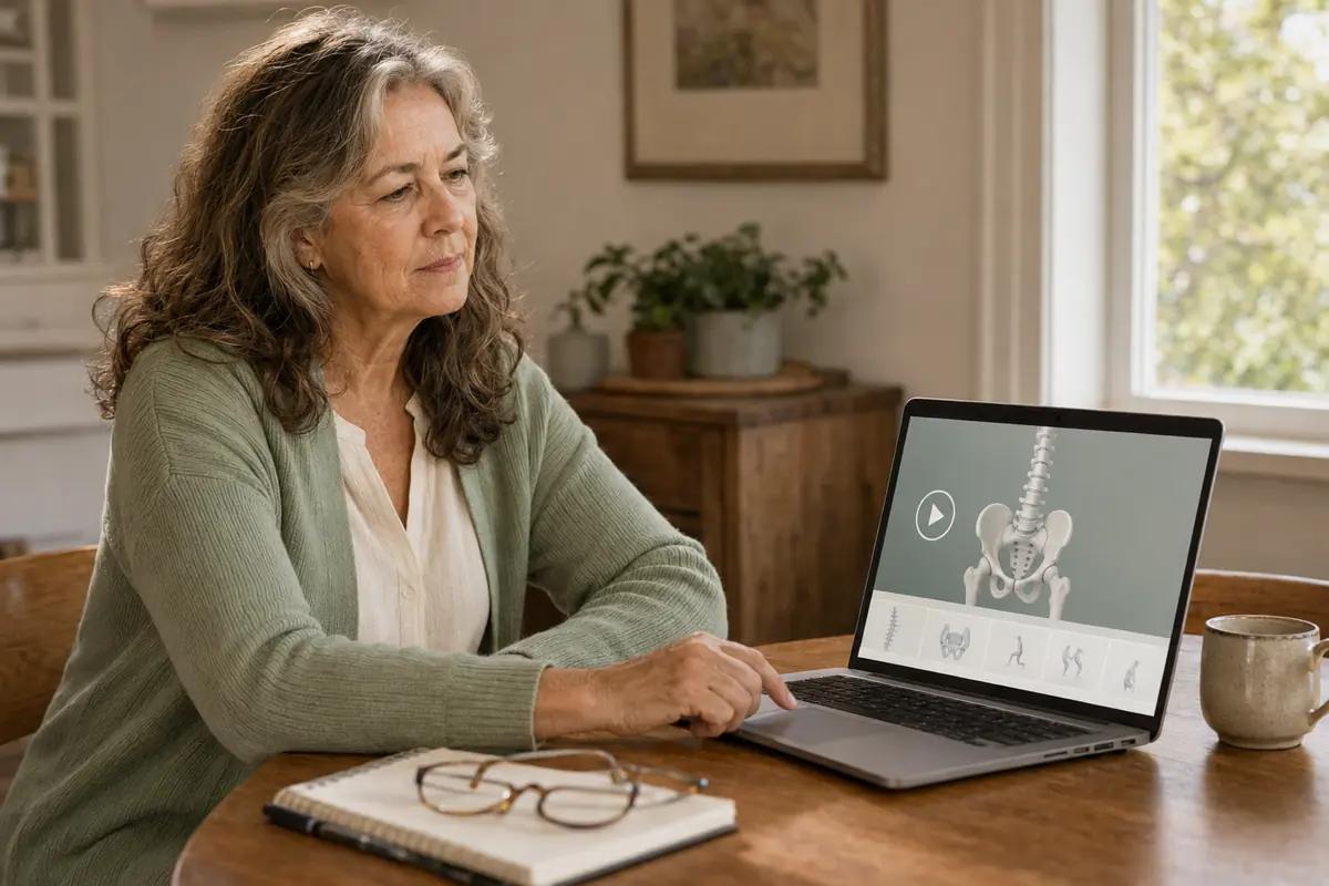 Woman exploring an online lesson about spine and core stability