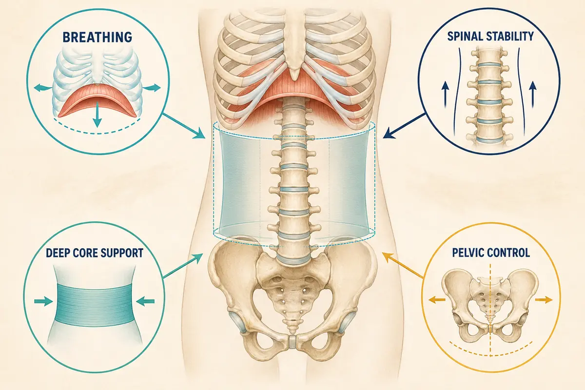 Diagram showing breathing, deep core support, pelvic control, and spinal stability