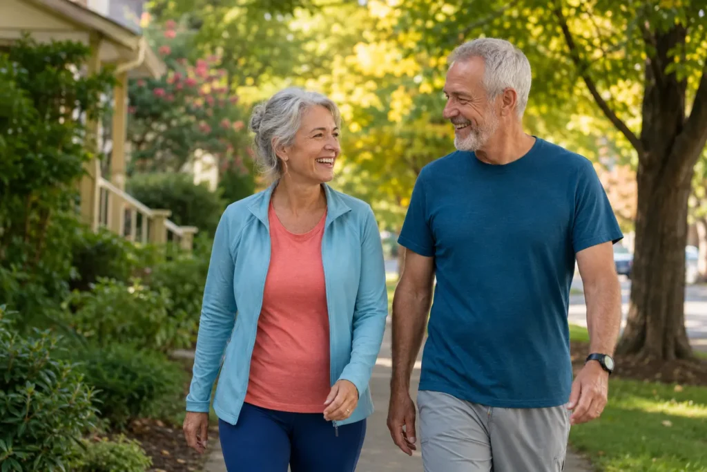 Active couple in their 60s enjoying a morning walk together