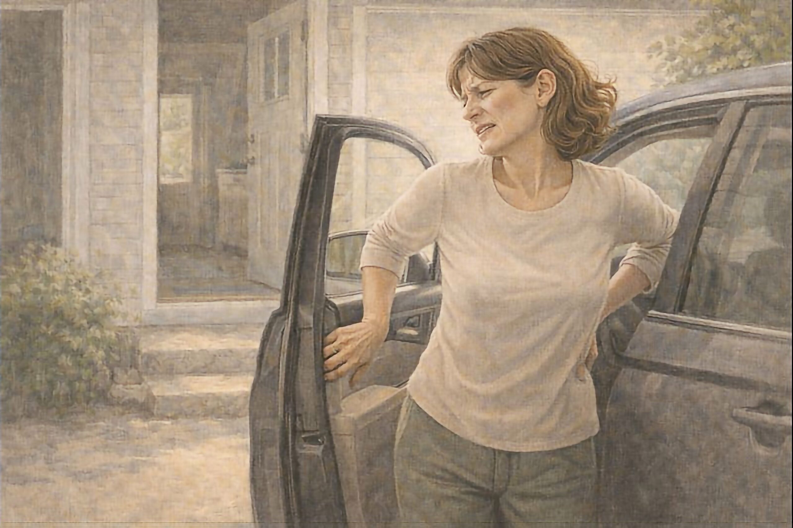 woman getting out of her car in back pain
