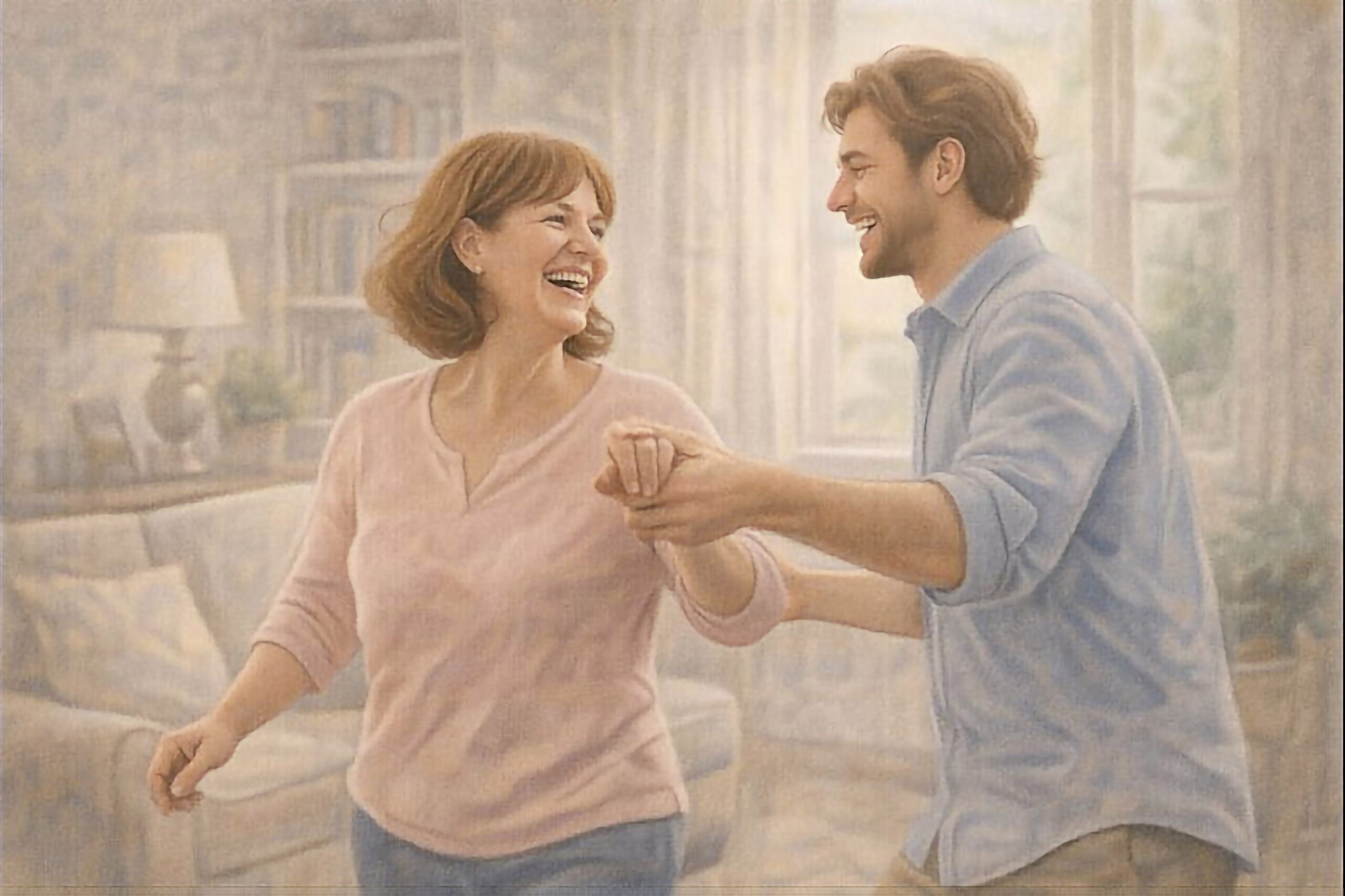 woman dancing joyfully with her son after finding relief from back pain