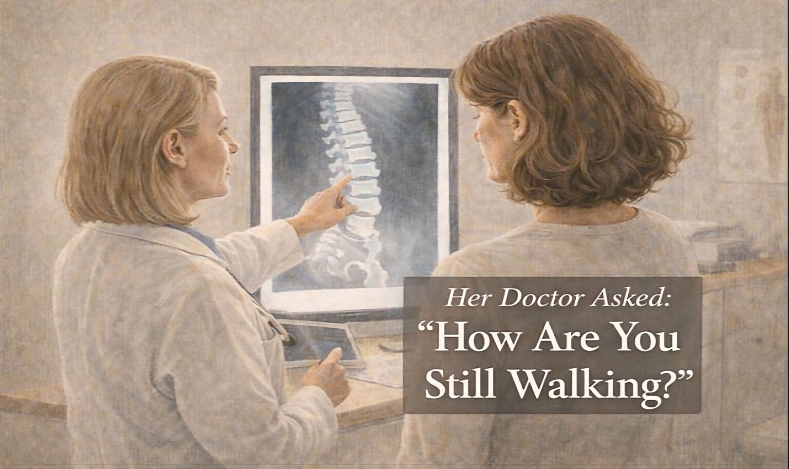 How a Former Physical Therapy Assistant Broke a 30-Year Cycle of Chronic Back Pain woman with her doctor and Xray - doctor asks "How are you still walking?"