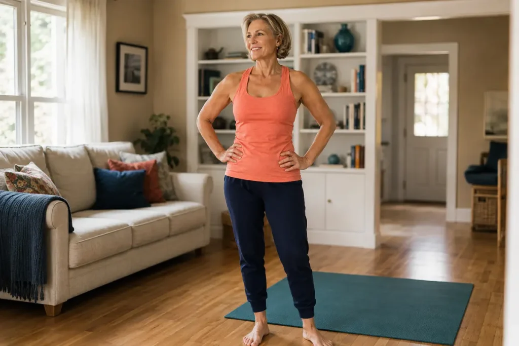 Woman over 60 standing comfortably after a gentle at-home core routine