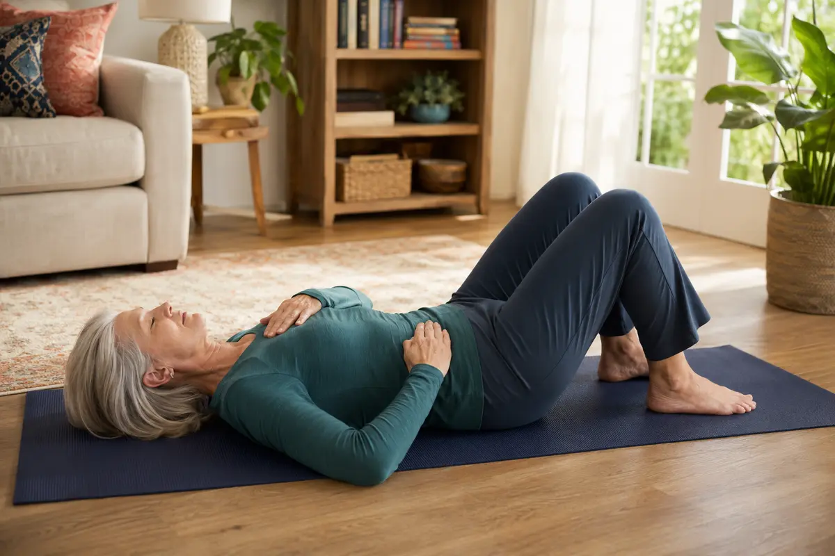Woman over 60 practicing a gentle foundational core and breathing movement at home