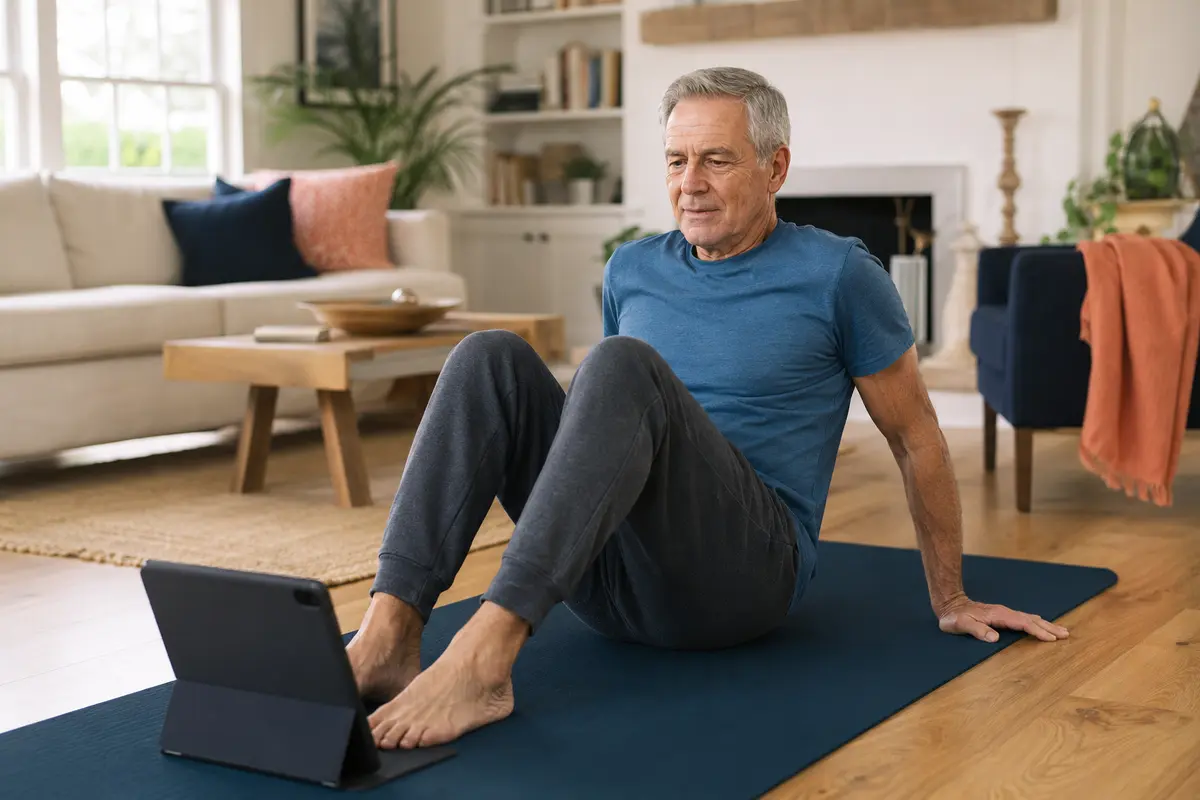 Older man following a simple at-home core routine without gym equipment