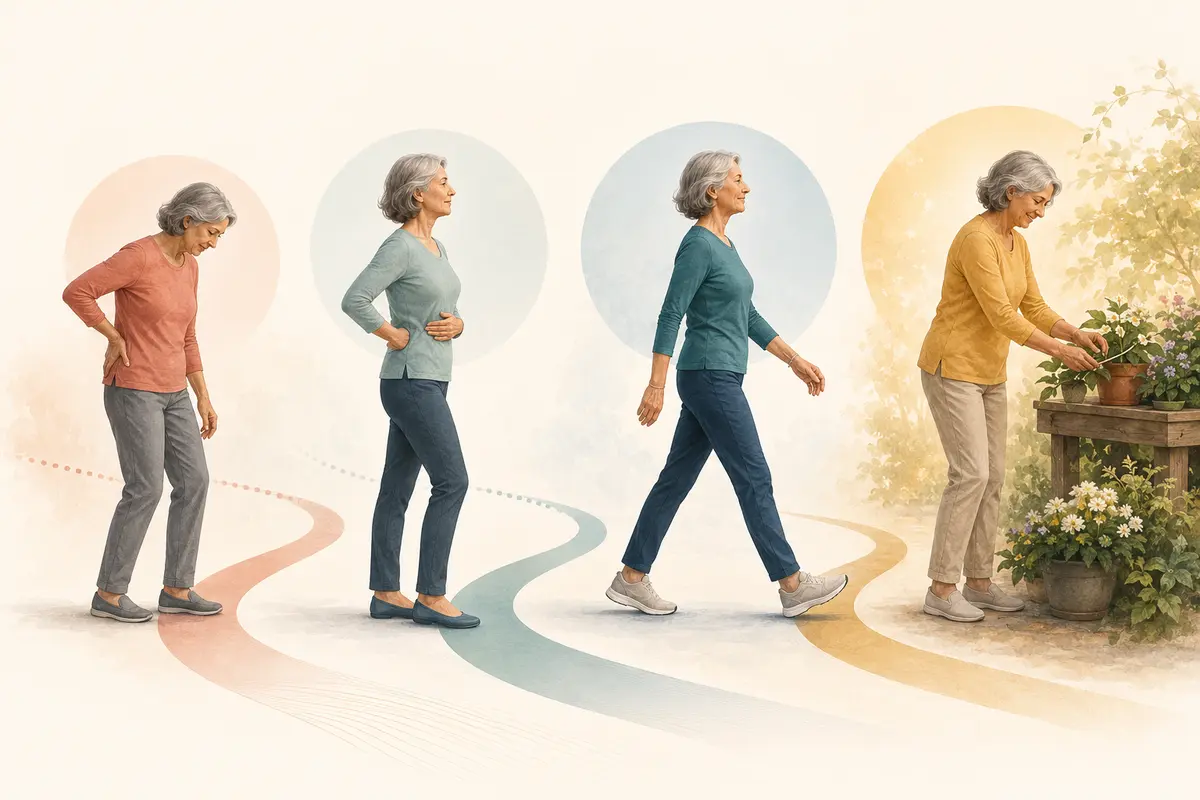 Progression from guarded posture to comfortable walking and everyday activity