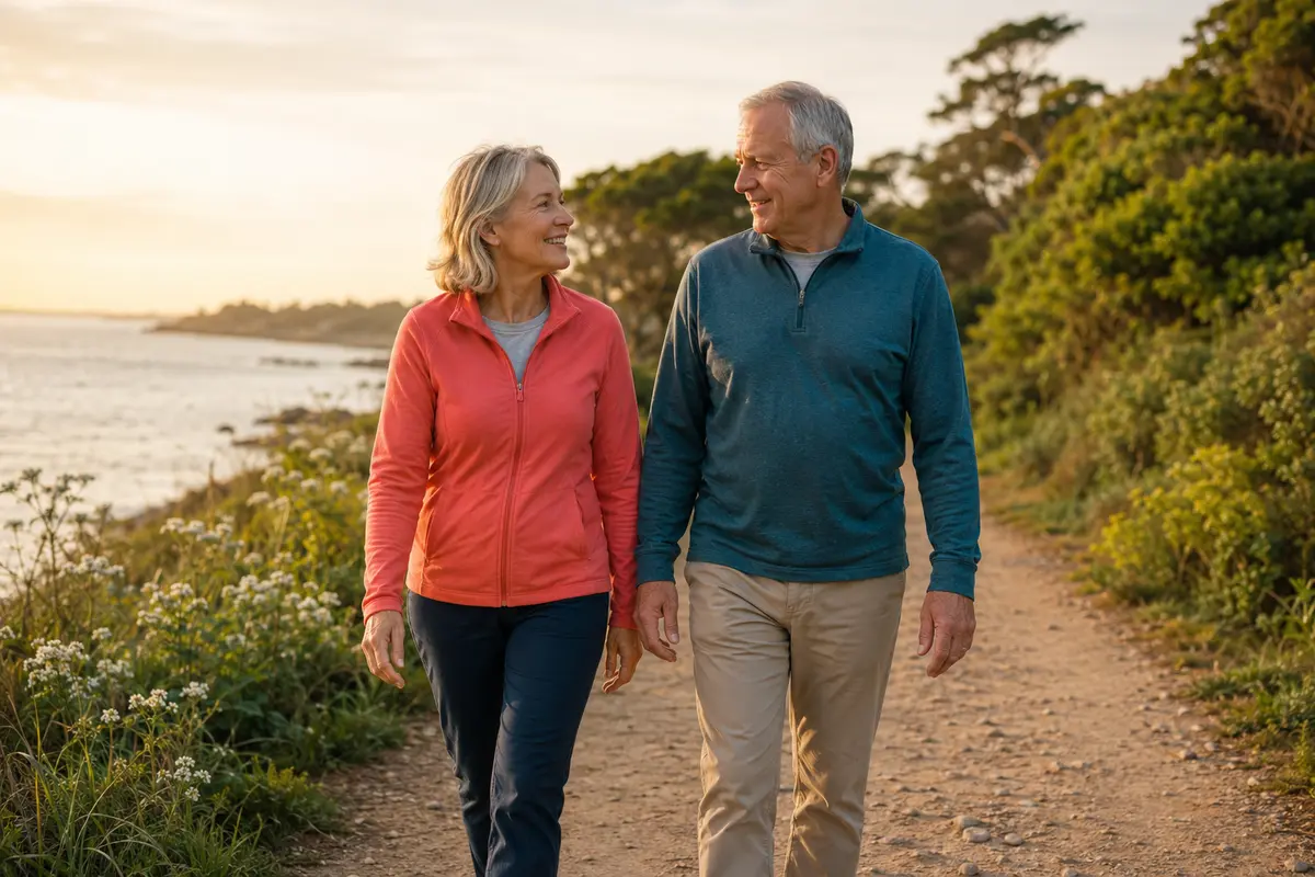 Active couple over 60 enjoying comfortable movement on a coastal walking trail