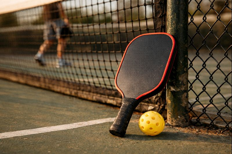 True Confession: My Love/Hate Affair with Pickleball (Yes, Really) pickleball paddle and ball resting on a court