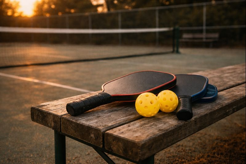 Pickle ball paddles and balls lying on table after a game