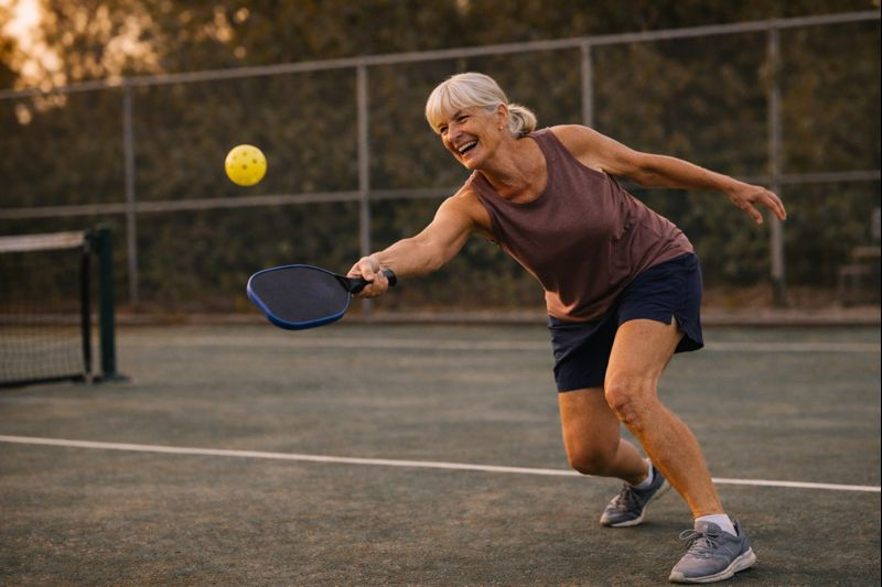 woman over 50 happily playing pickleball