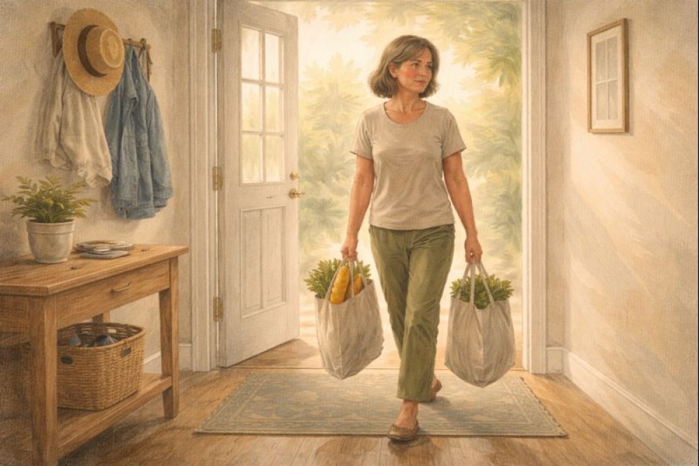 After 50 woman carrying healthy groceries into her home
