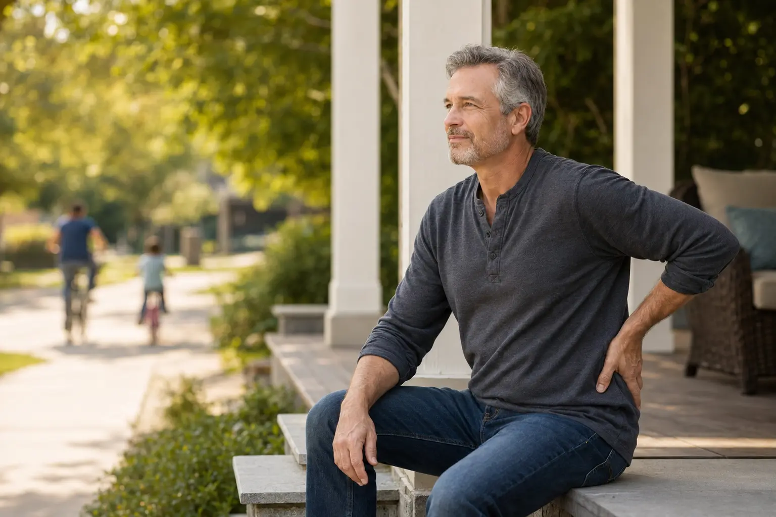 Man in his 50s sitting on a porch with a hand on his lower back