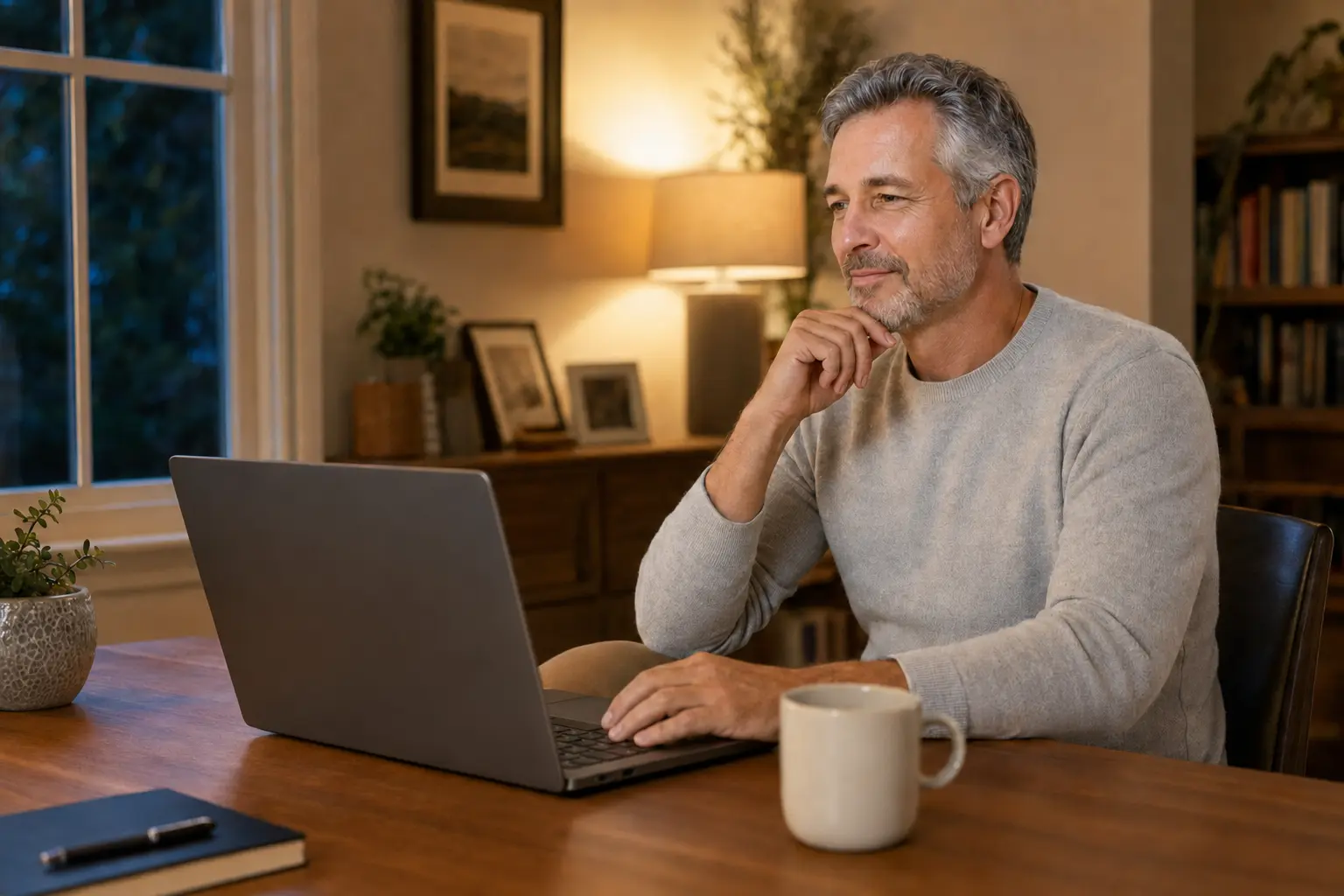 Man in his 50s researching back pain alternatives on a laptop
