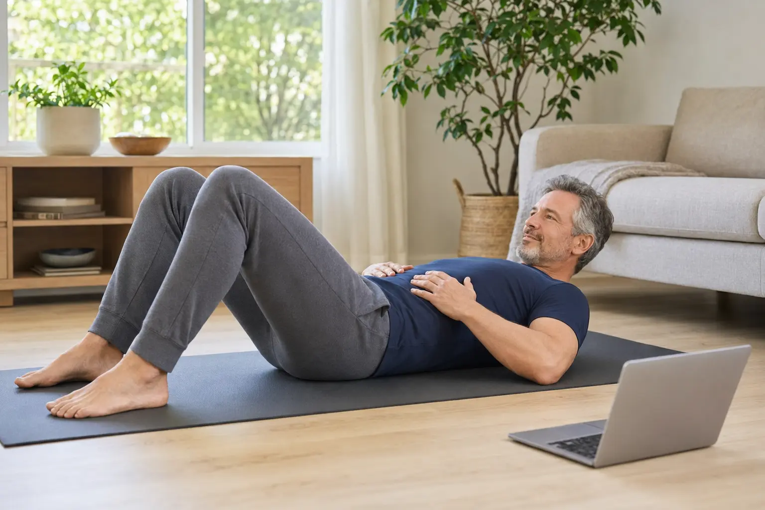 Man in his 50s practicing a gentle floor-based core exercise