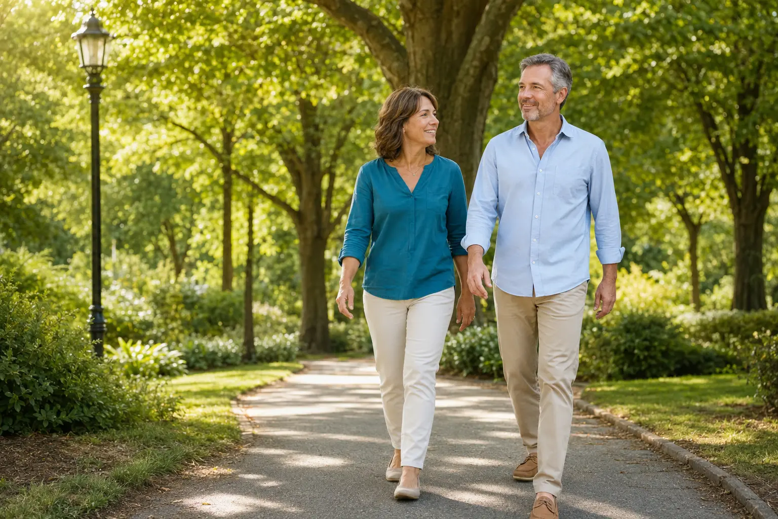 Couple in their 50s walking comfortably through a park