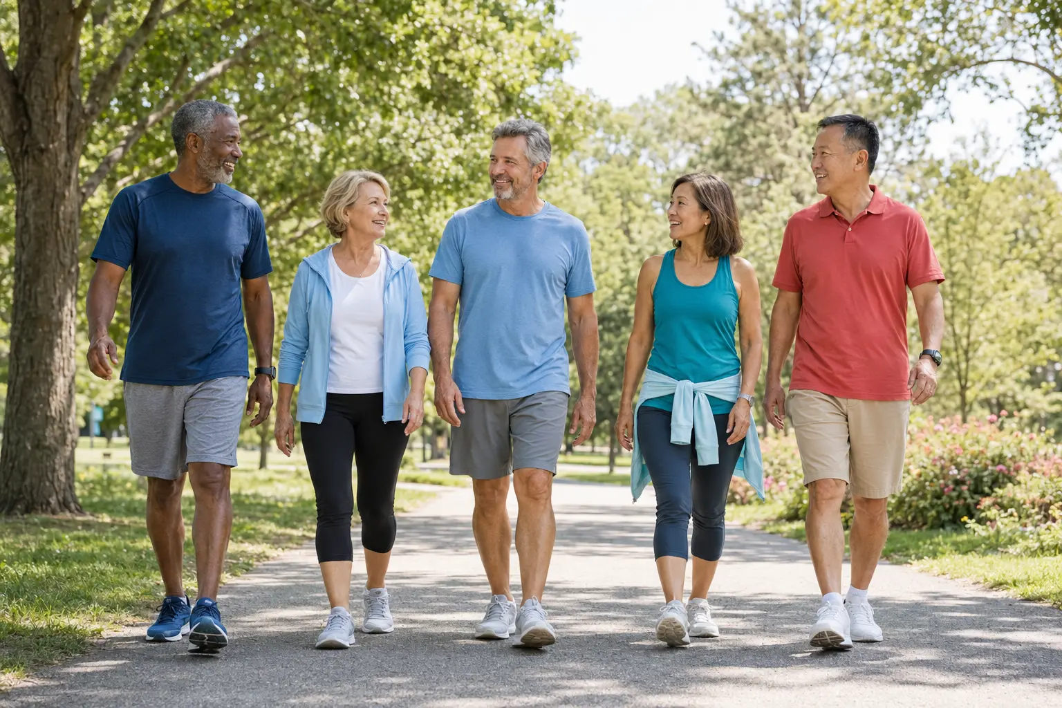 Diverse group of active adults over 50 walking together in a park