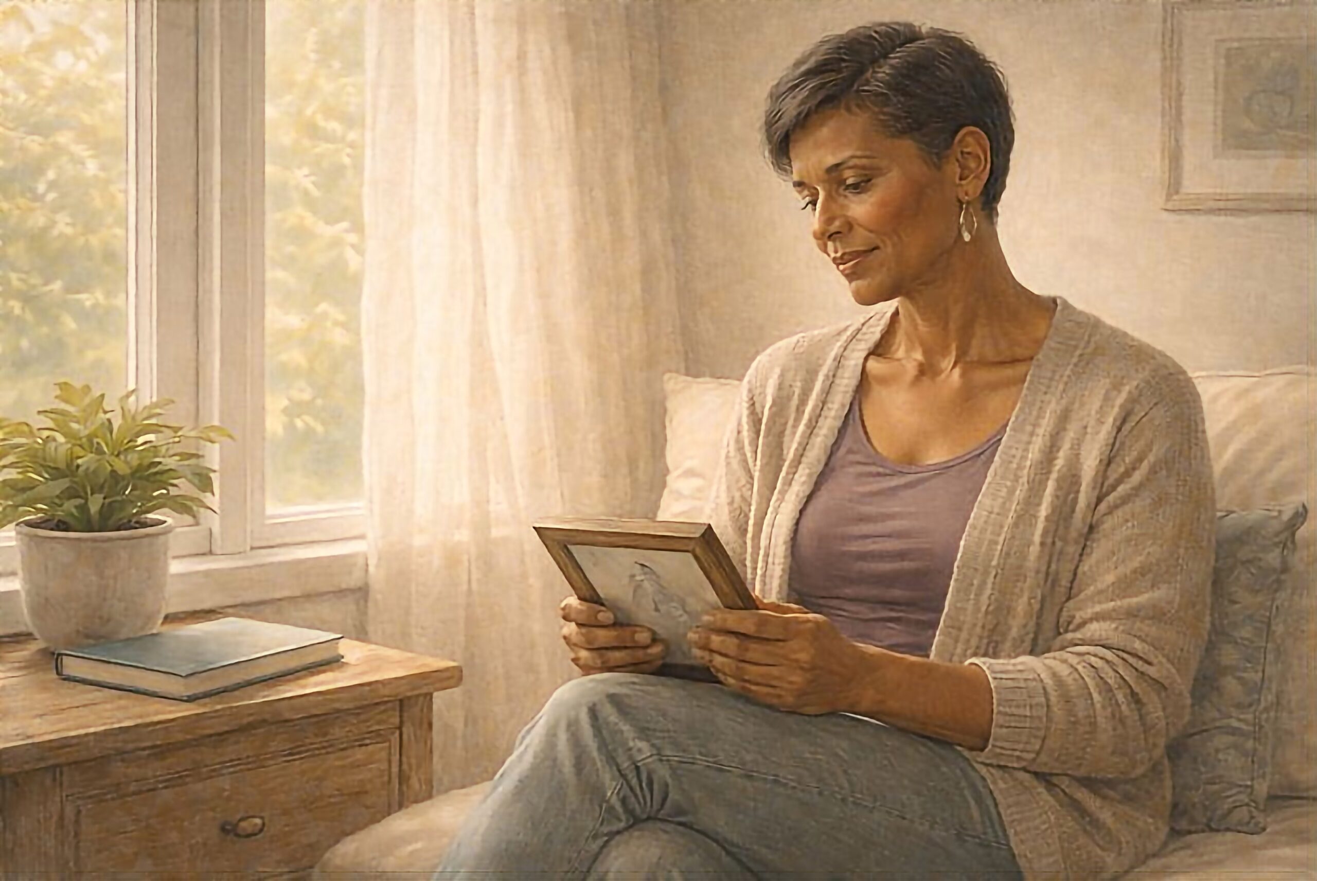 woman looking at picture contemplating why accepting loss as we age is hard