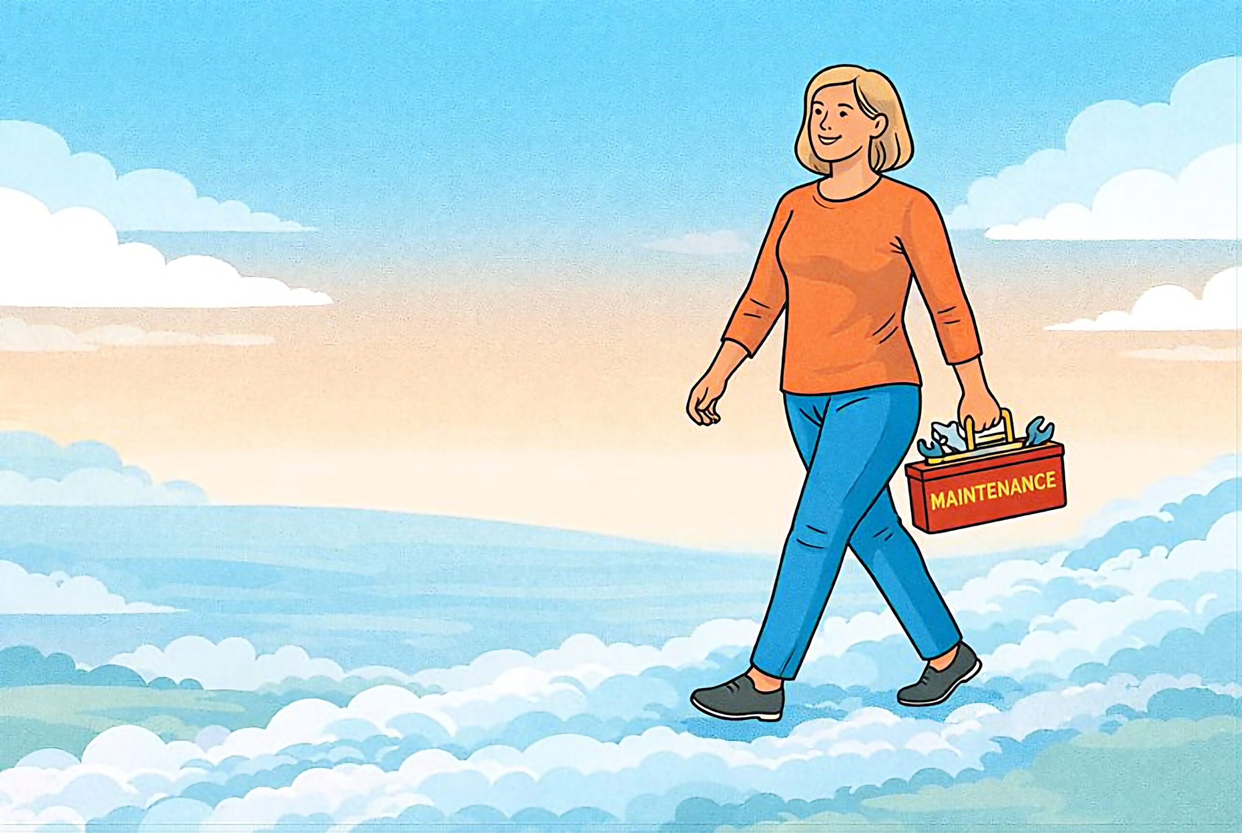 middle aged woman walking with toolbox that says maintenance