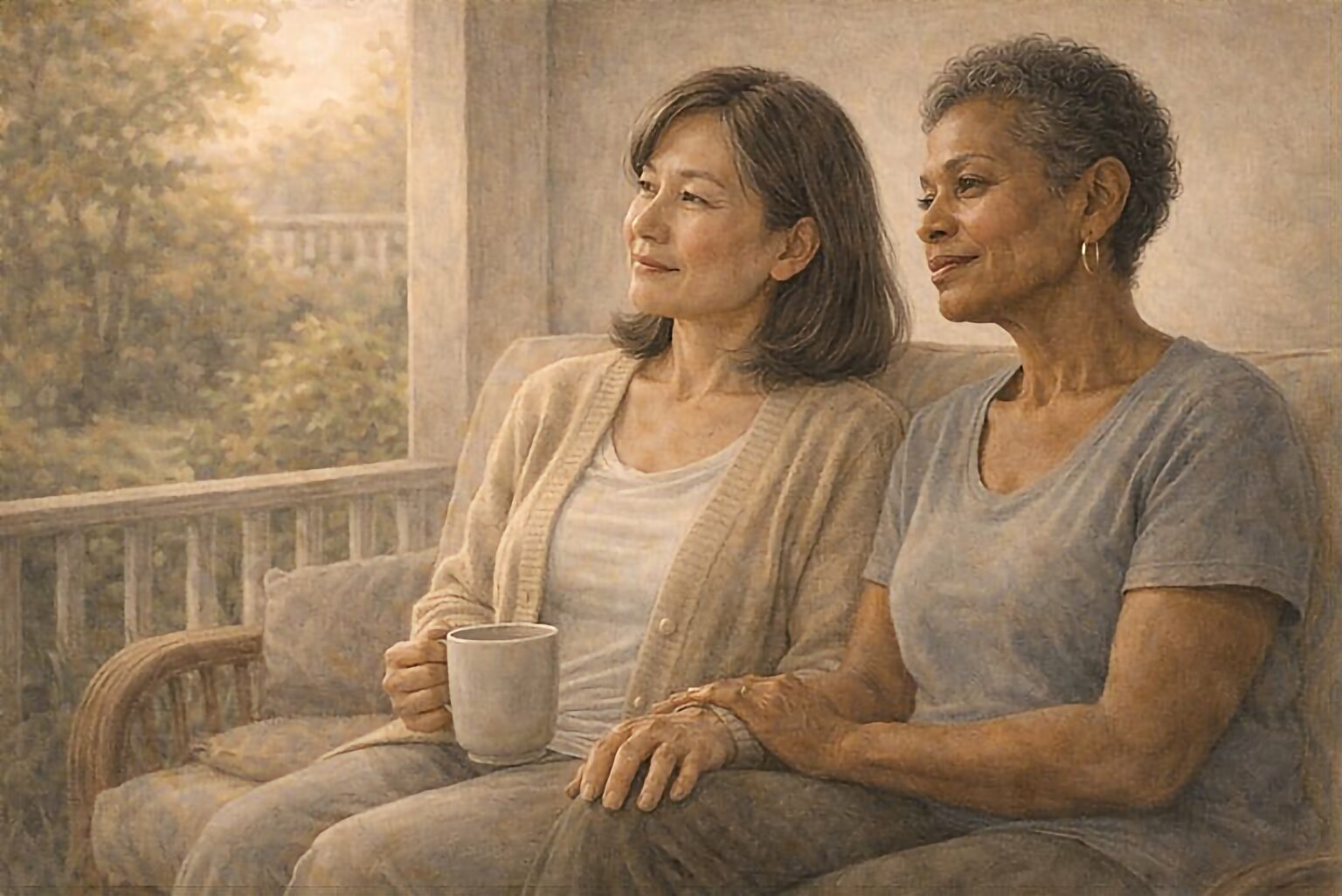 two friends sitting on the porch talking about accepting loss as we age