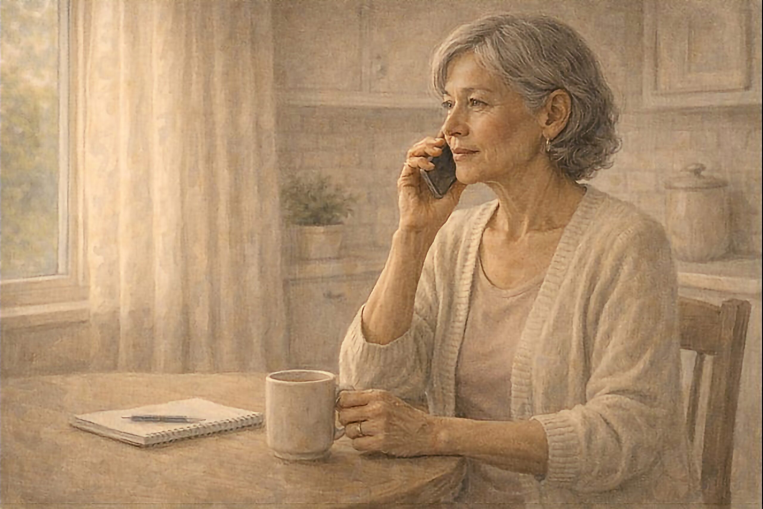 older woman on phone talking to friends for support