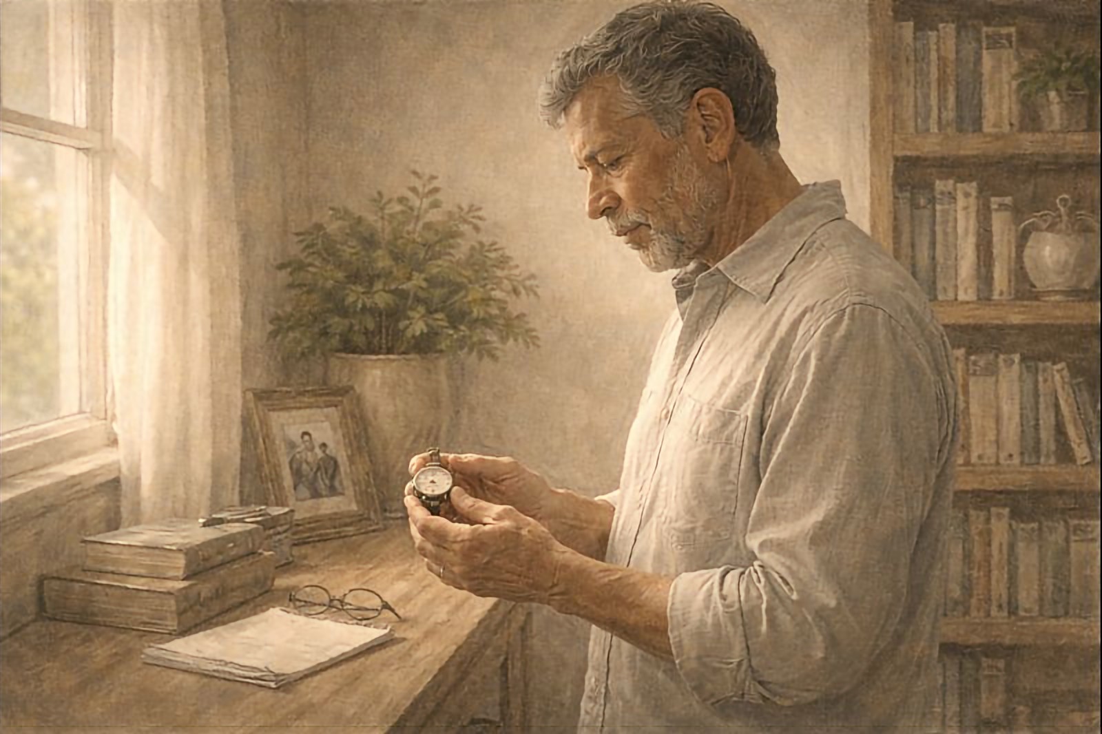 middle aged man looking at family heirloom 