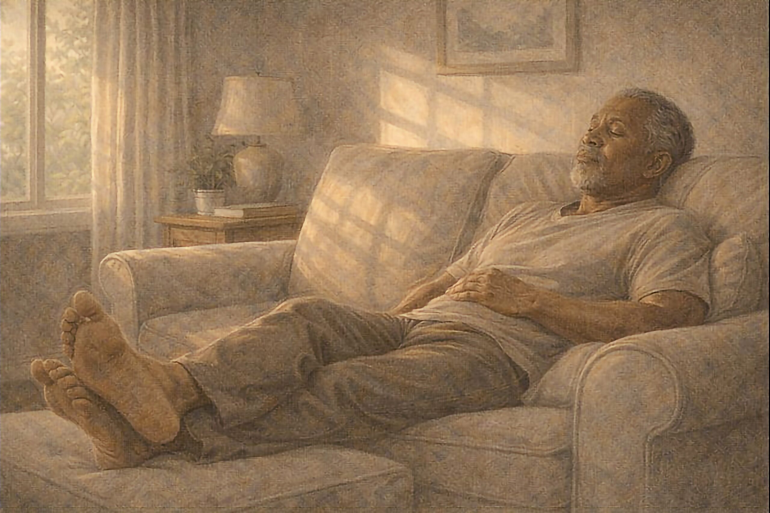 older man with his feet up on couch taking a nap to take care of himself
