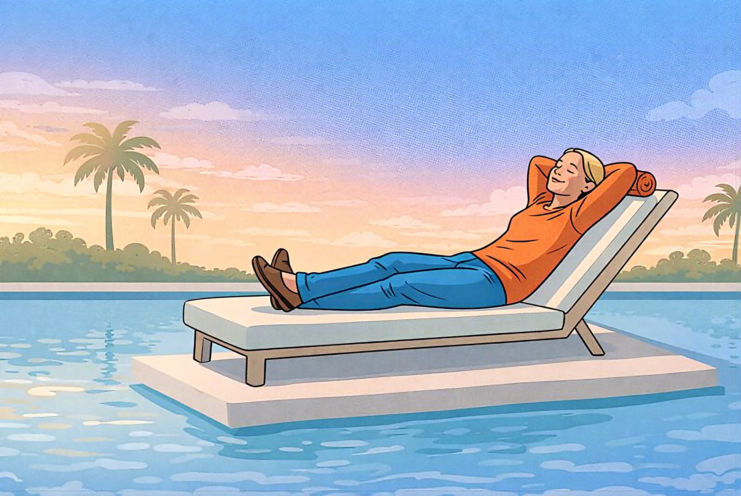 after 50 woman relaxing on pool lounge chair