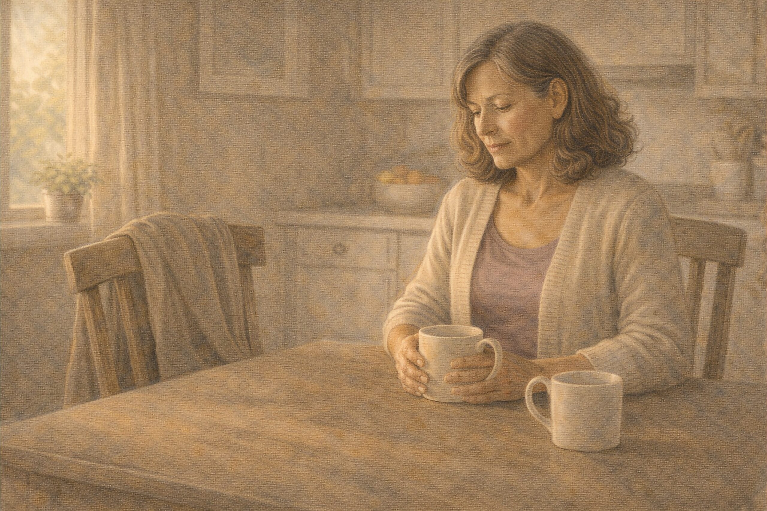 middle aged woman sitting at table with empty chair and coffee contemplating needing help