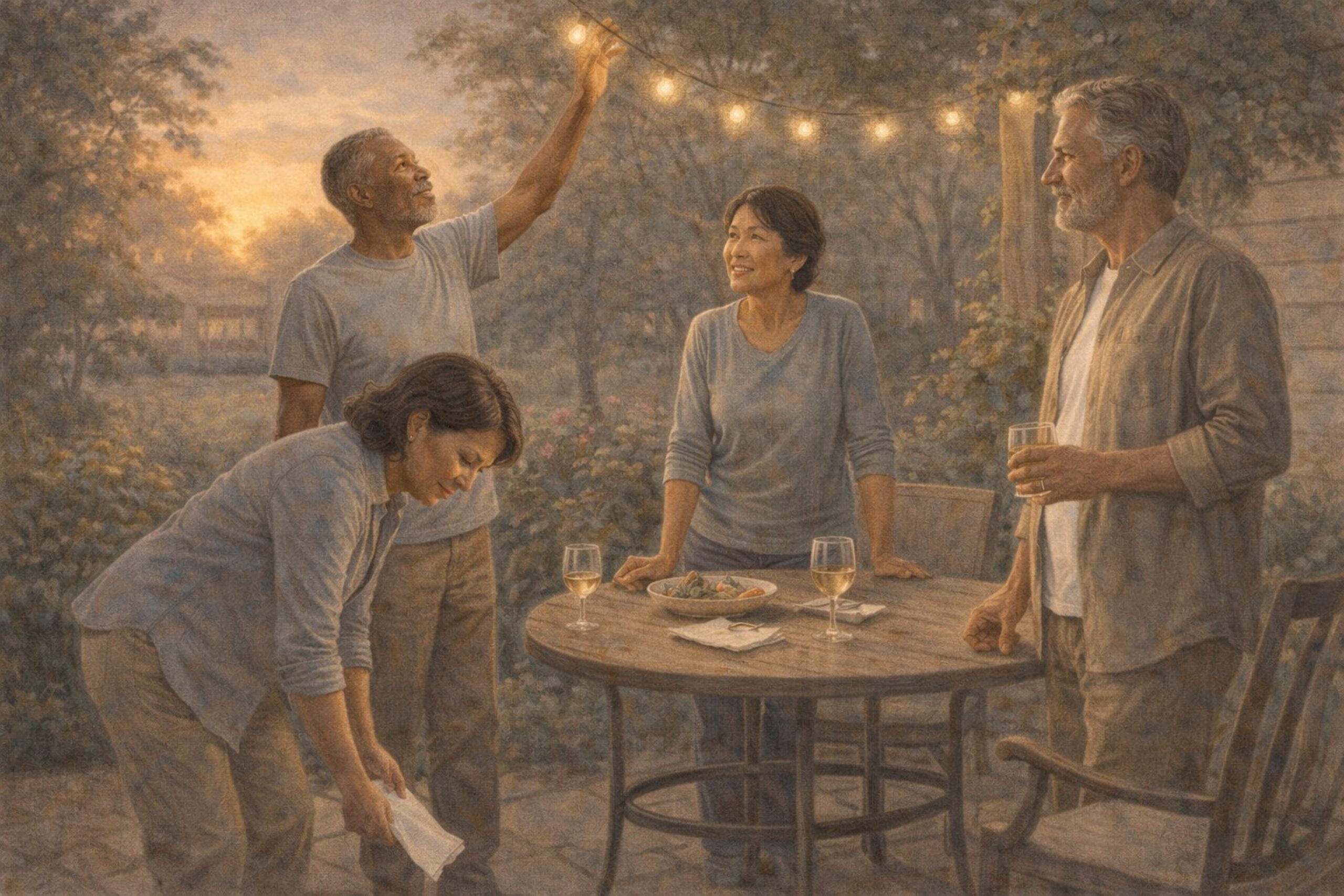 Group of diverse mature friends enjoying an evening without back pain