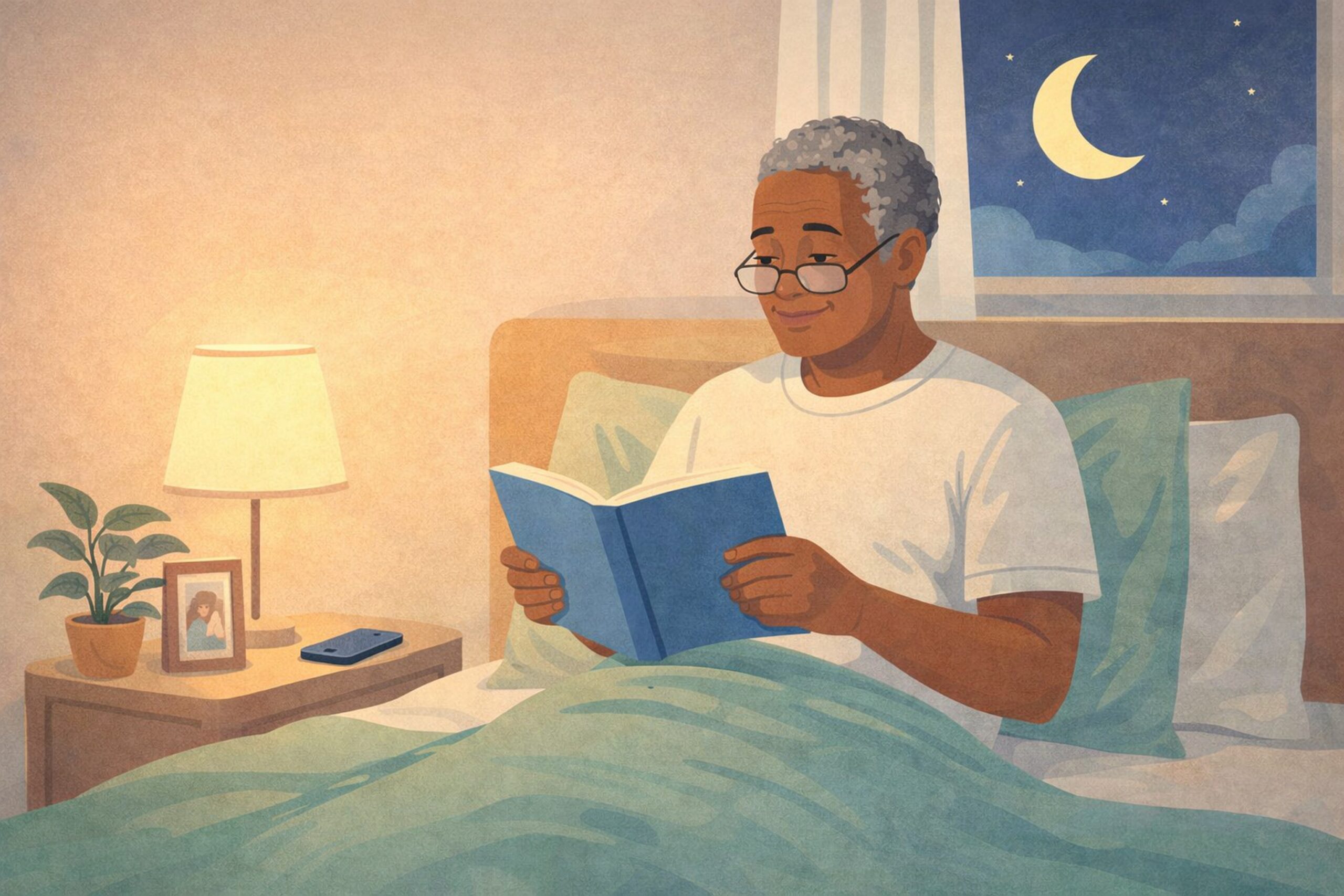 mature man in bed reading