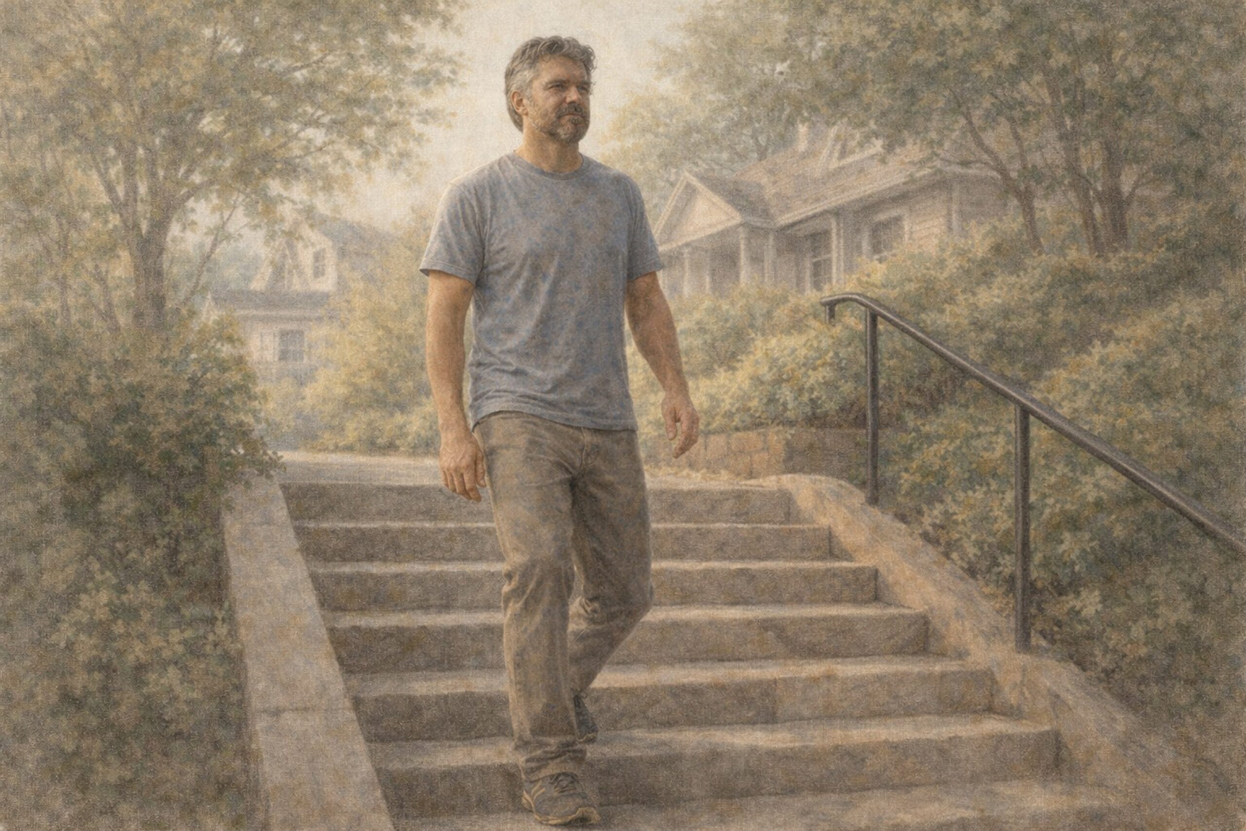 Middle aged man walking down steps without pain