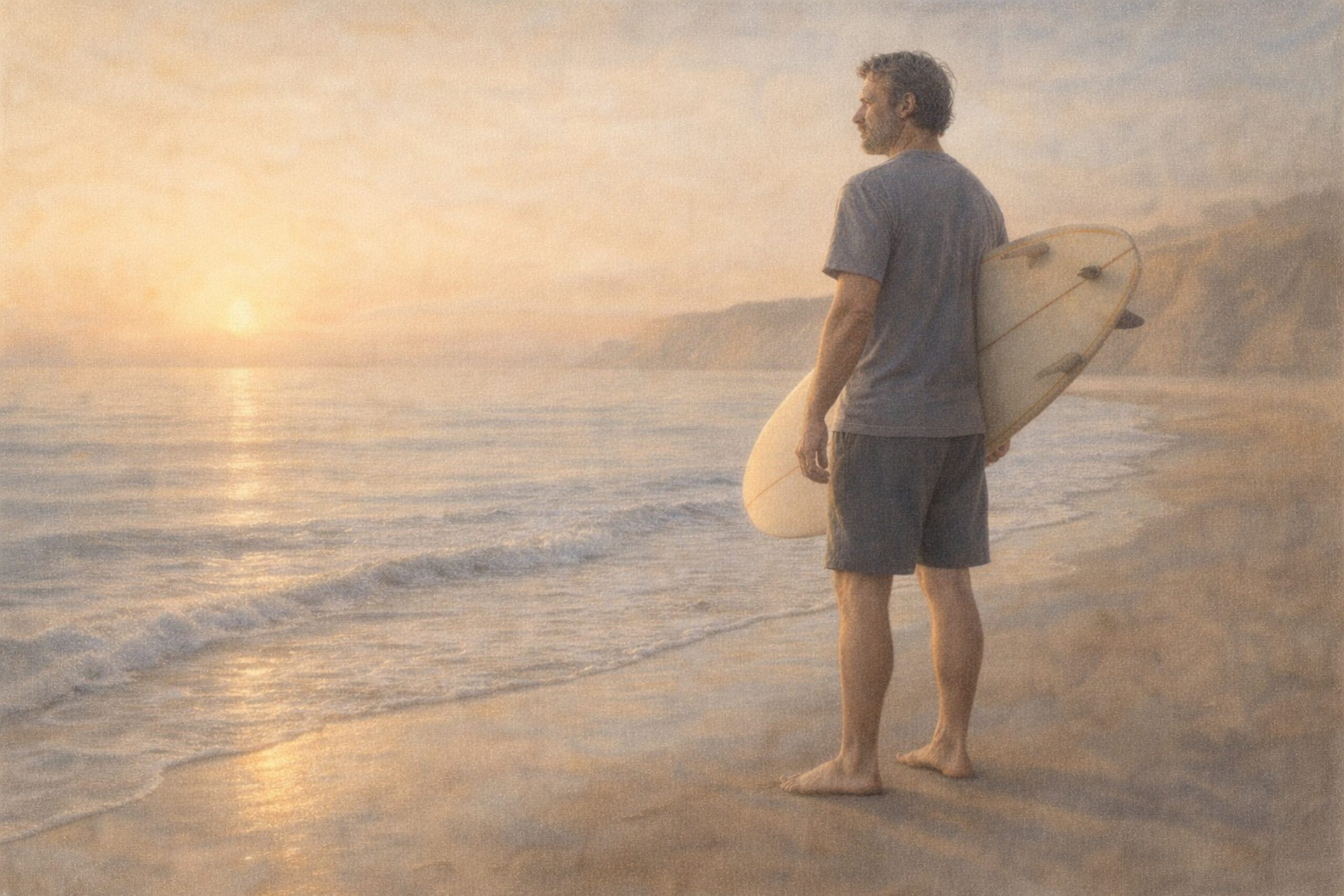 middle aged man standing on the beach with surf board without back pain
