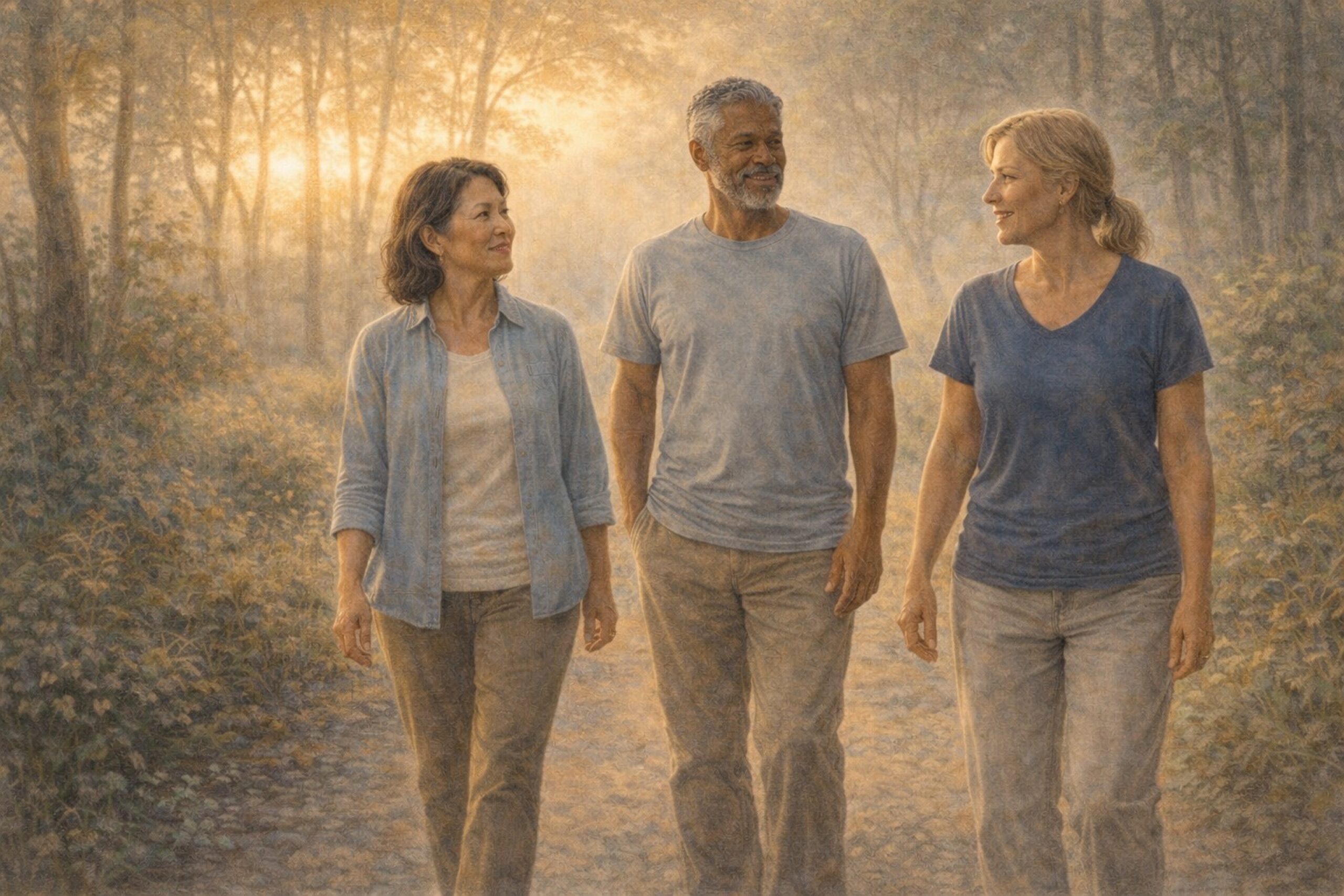 group of diverse over 50 friends walking together pain free