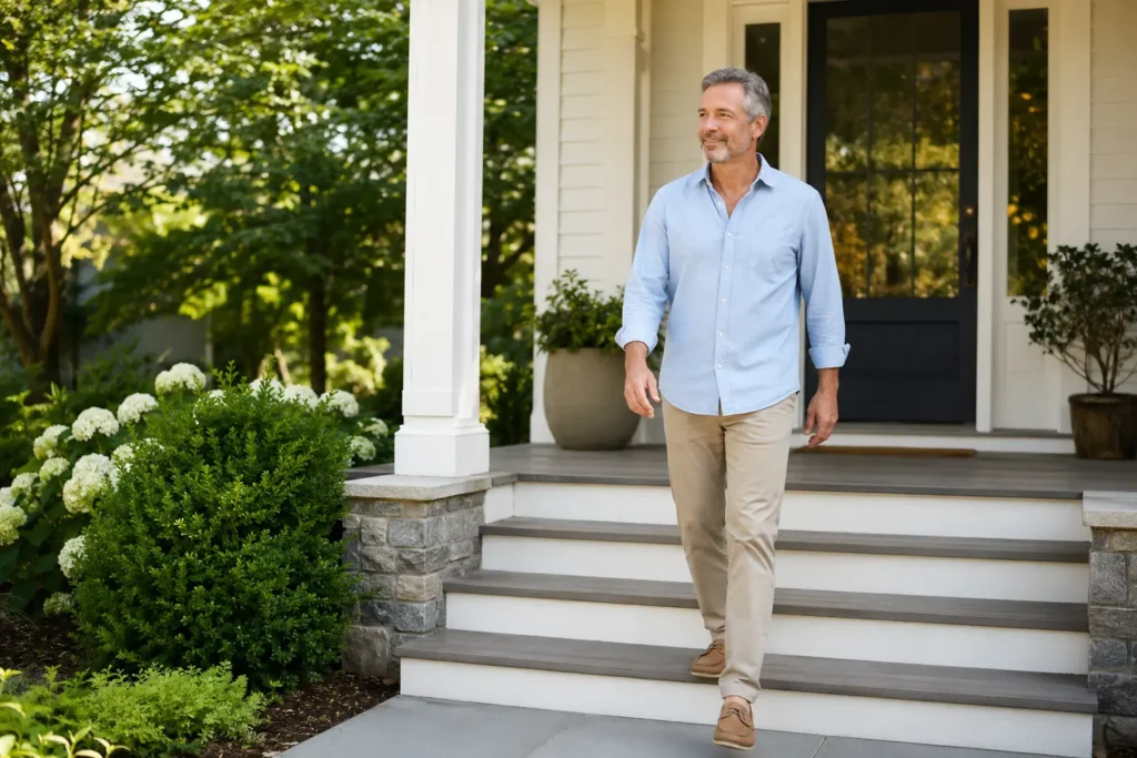 How Nick Canceled Back Surgery and Took Back His Life with a Simple 15-Minute Daily Routine Man in his 50s walking comfortably down porch steps