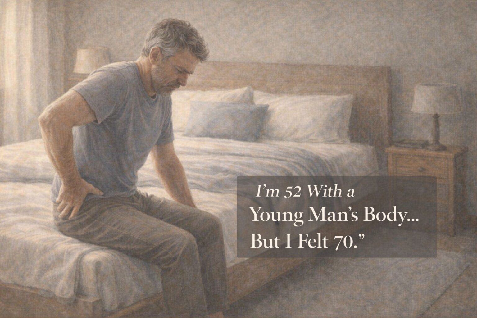 Middle aged man sitting on bed with text "He was 52 but felt 70"