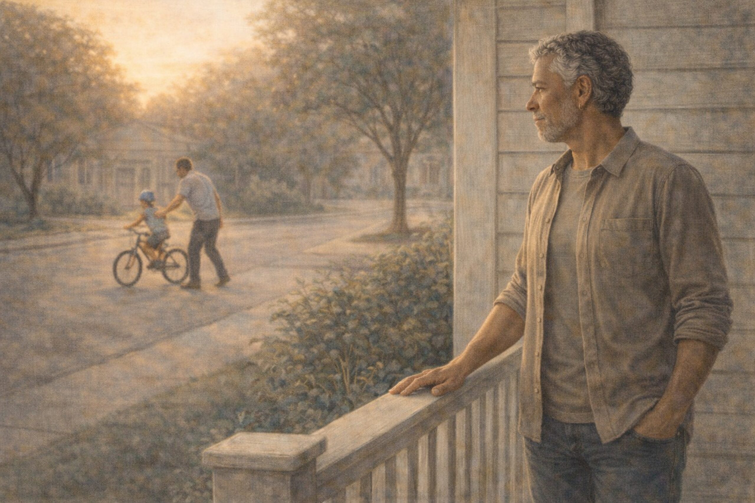 Middle aged man on his porch watching man with his child on bike