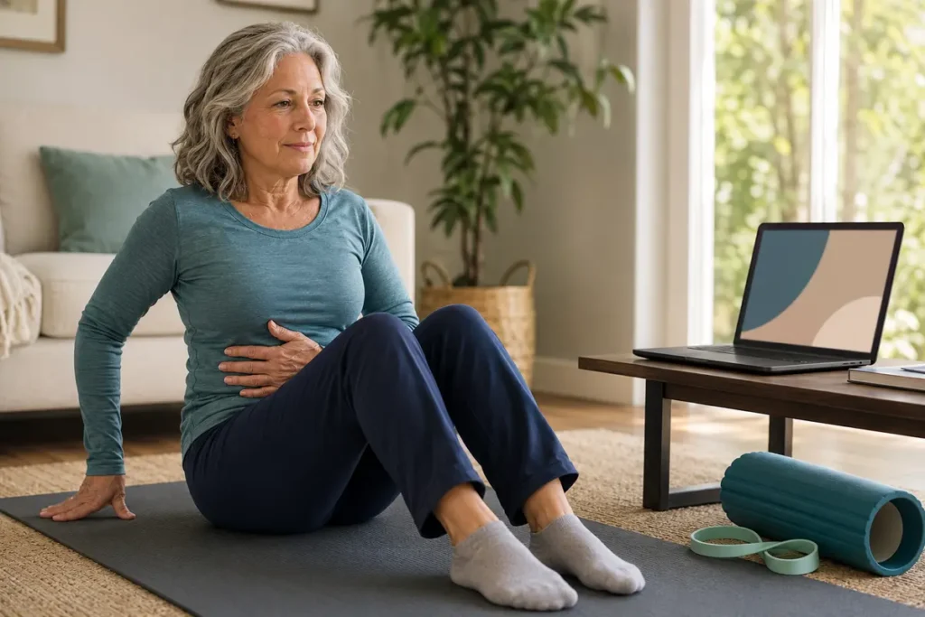 Core Balance Training Explained: A 15-Minute, Non-Surgical Approach to Chronic Back Pain Relief Woman in her 60s beginning a Core Balance Training lesson at home for chronic back pain relief