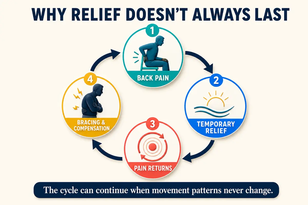 Cycle showing why chronic back pain relief may be temporary when movement patterns do not change