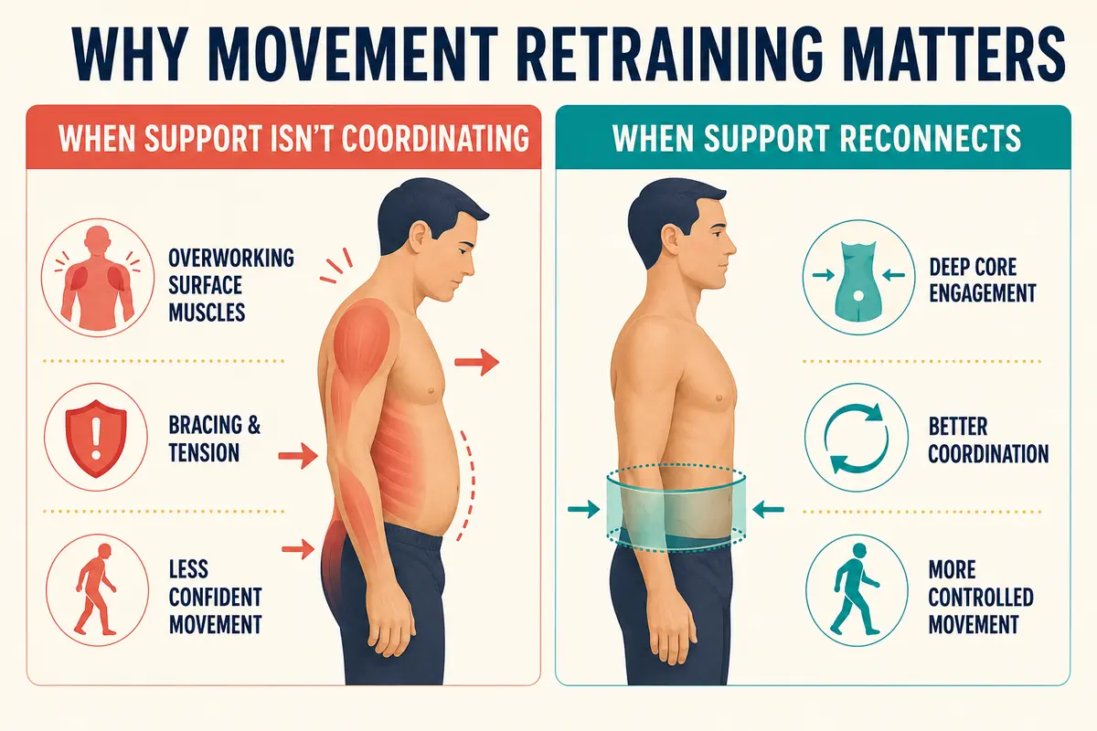 Infographic comparing poor movement coordination with improved deep core support