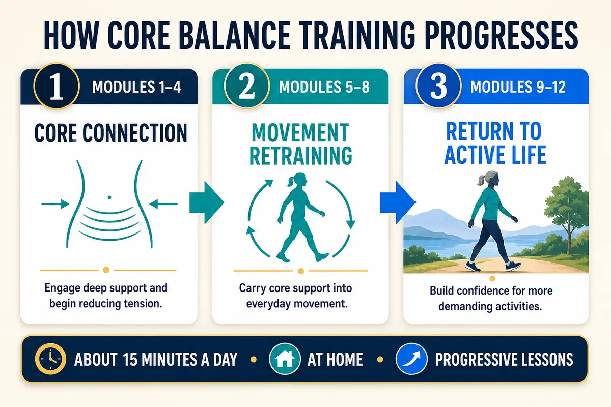 Core Balance Training roadmap from core connection through movement retraining and active life