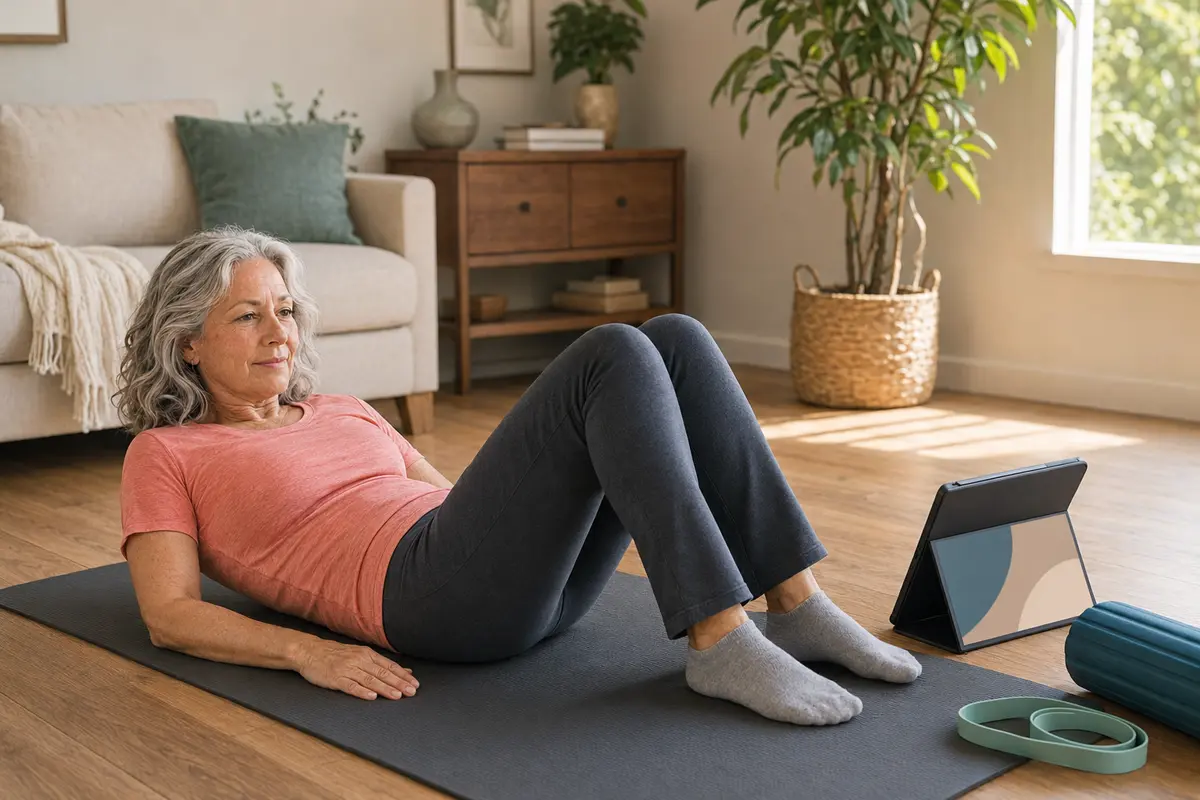 Woman in her 60s completing a gentle 15-minute Core Balance Training routine at home