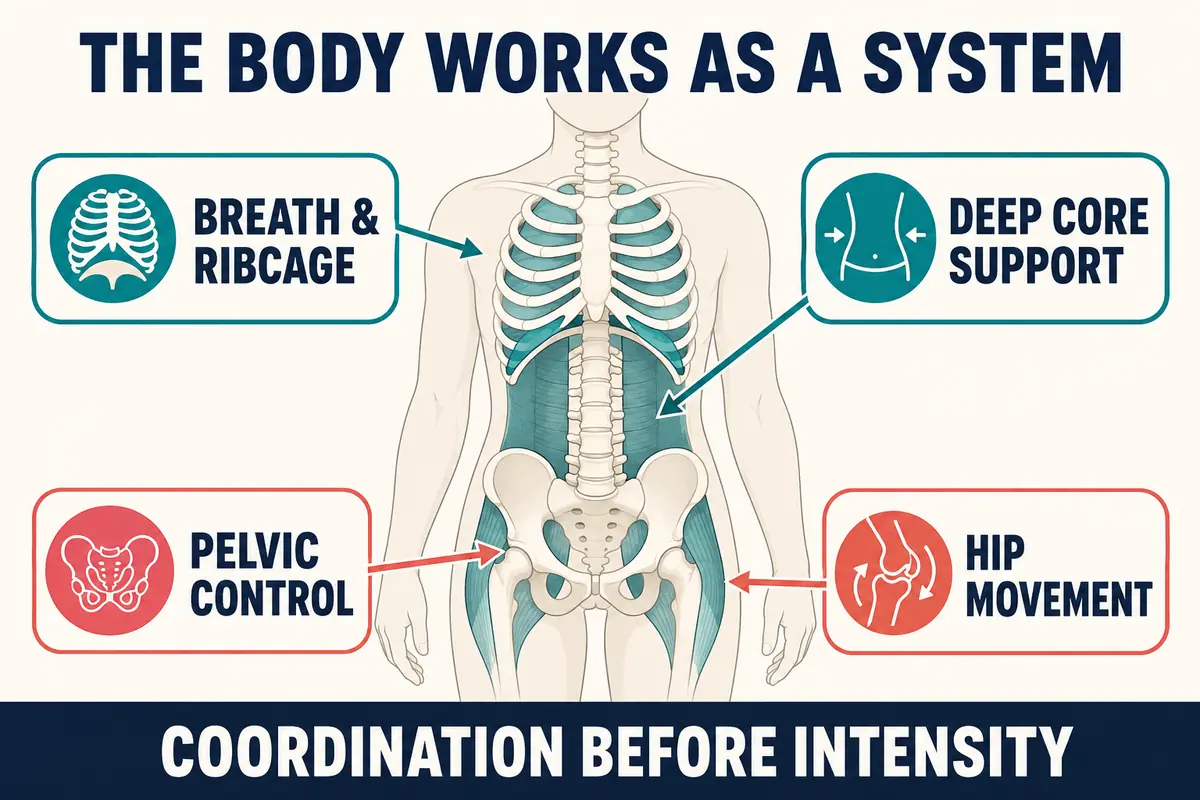 Infographic showing how breathing, deep core support, pelvic control, and hip movement work together
