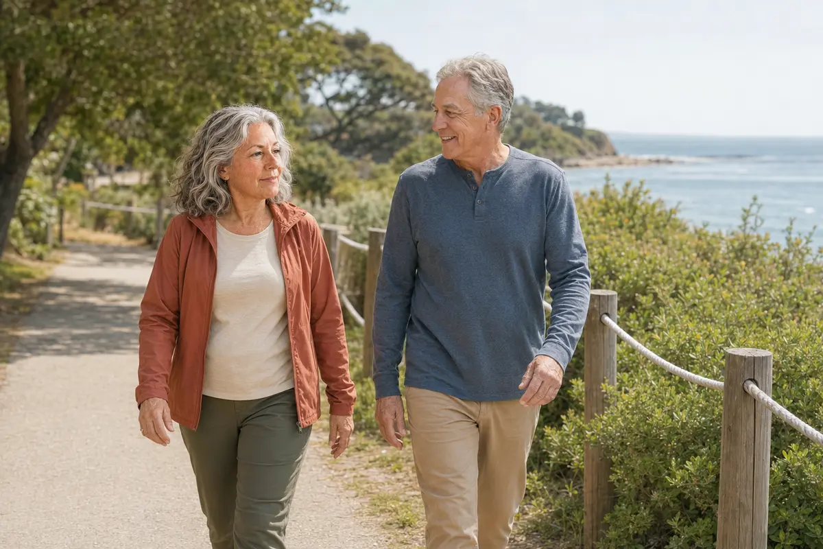 Active couple in their 60s walking confidently on a coastal path