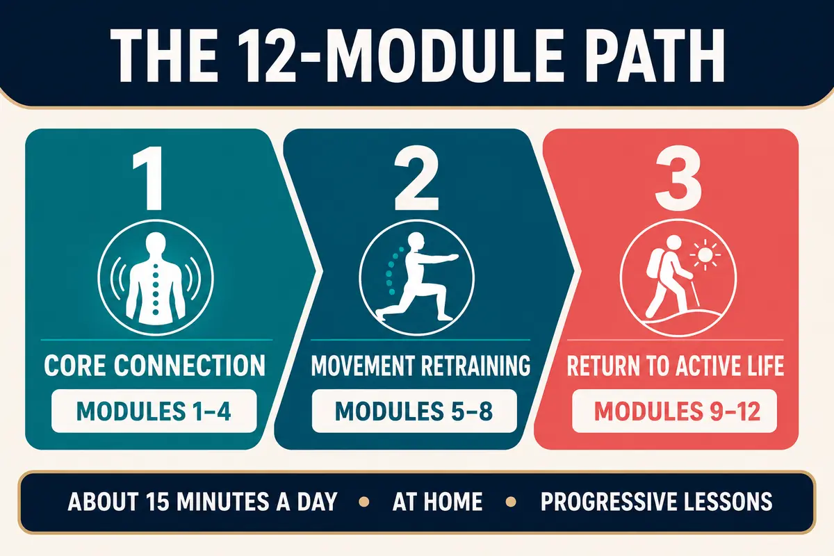 Core Balance Training 12-module progression from core connection to movement retraining and active life