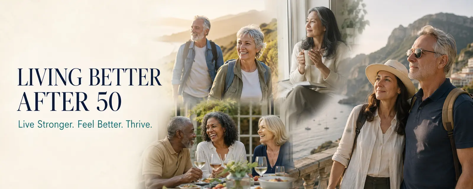Living Better After 50 collage featuring active adults enjoying movement, friendship and travel