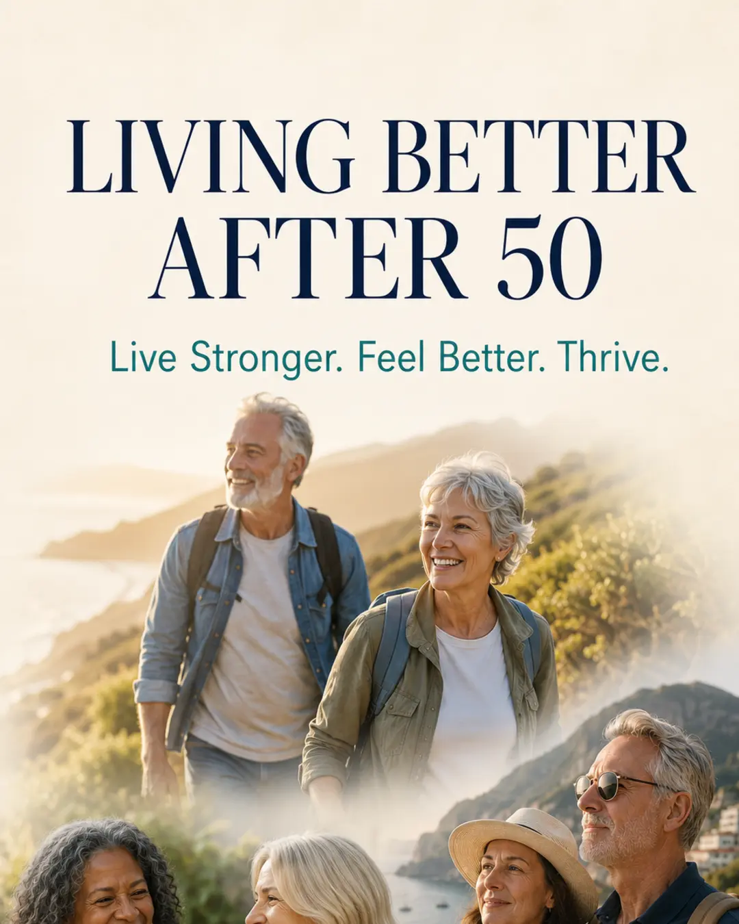 Living Better After 50 collage featuring active adults enjoying movement, friendship and travel